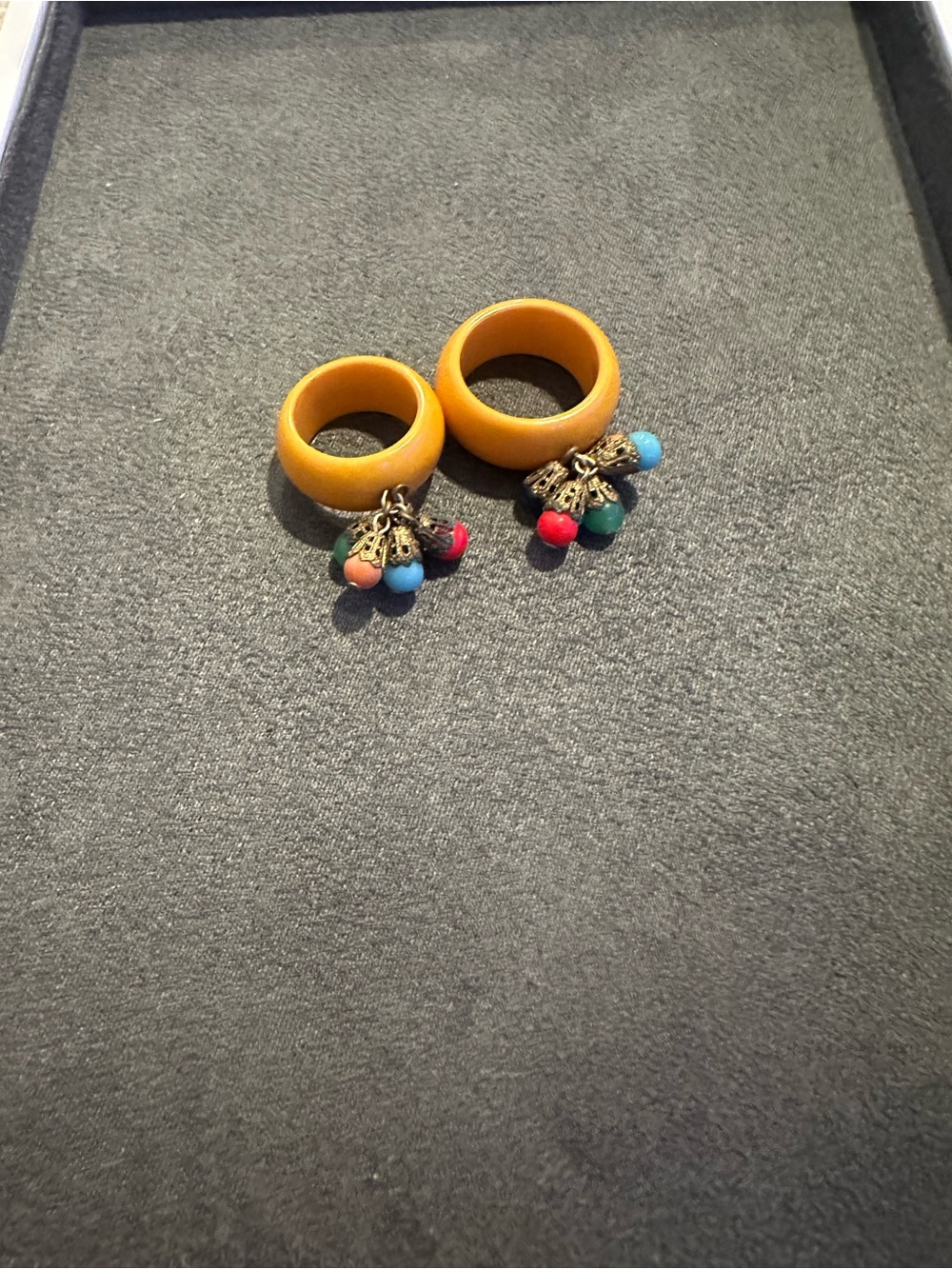 Mustard Yellow Hoop Earrings with Multicolor Bead Charms